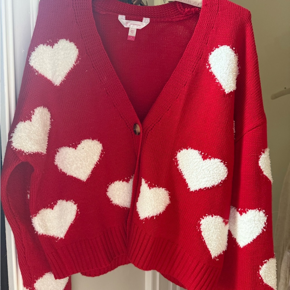 No Boundaries Red Cardigan with White Heart Pattern